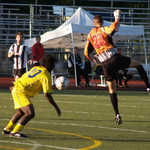 Risky move by Abbotsford keeper Chris Lean.
